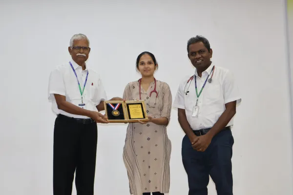 Dr. Visveswari S., DNB Paediatrics, received the Certificate of Commendation from the National Board of Examinations in Medical Sciences (NBEMS) for her outstanding research work in thesis submission under the guidance of Dr. B. Antony Terance, Chairperson - Department of Paediatrics. She was felicitated during the Clinical Society Meeting held on 08.08.2026 at GKD Auditorium, GKNM Hospital, in recognition of this academic achievement.